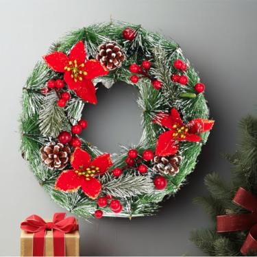 Imagem de Guirlanda de Natal de 28 cm, decorações de Natal para porta da frente com pinha artificial, cachos de frutas vermelhas, ramos verdes foscos, flores, para decoração de festa de feliz Natal ao ar livre