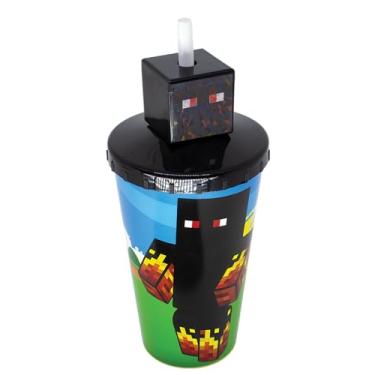 Imagem de Copo com Canudo Infantil Lembrancinha Oficial Youtubers Athos, Lopers e Problems – Streamer Mine Blocos Cabeça Quadrada Pixel, Original, 550 ml – Edição Exclusiva Gamer (Athos)