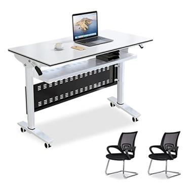 Imagem de Mesa de treinamento móvel dobrável, mesa de computador dobrável e conjunto de cadeira com modéstia, camada de armazenamento e rodas com trava, 1 mesa e 2 cadeiras (marrom 180 x 40 x 74 cm) (branco 160