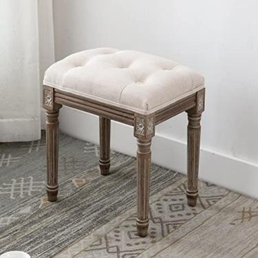 Imagem de Banqueta de madeira rústica, banco de jantar estofado francês, banco tufado de quarto vintage, banco acolchoado otomano para apoio de pés para quarto de estar - bege 40 x 30 x 46 cm (16 x 12 x 18