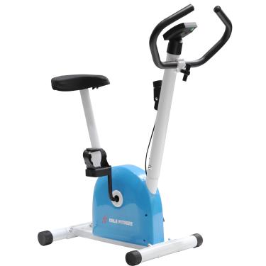 Imagem de Bicicleta Ergométrica Mile Fitness Vertical com Monitor 5 Funções, Ajuste de Altura, Regulagem de Resistência, Azul e Branca
