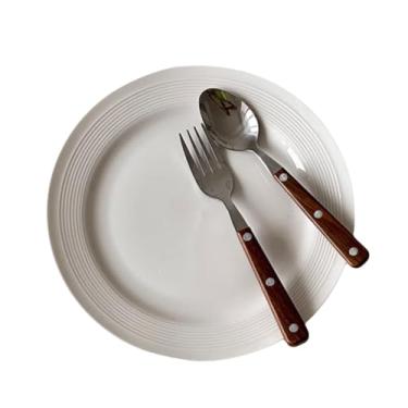 Imagem de Prato de jantar de cerâmica com garfo, colher, pratos de cozinha de cor sólida, pratos leves de grés para micro-ondas e lava-louças