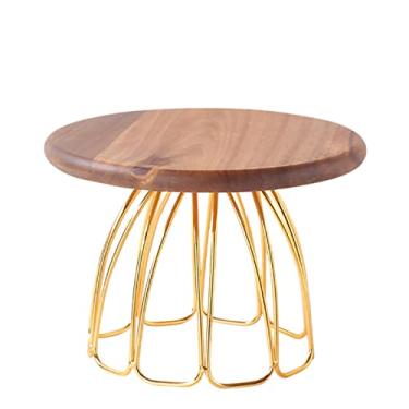 Imagem de Suporte de bolo moderno de sobremesa com base de pedestal de metal dourado redondo para exibição de sobremesa, bandeja nórdica de servir para festa de aniversário, celebração de frutas (madeira M)