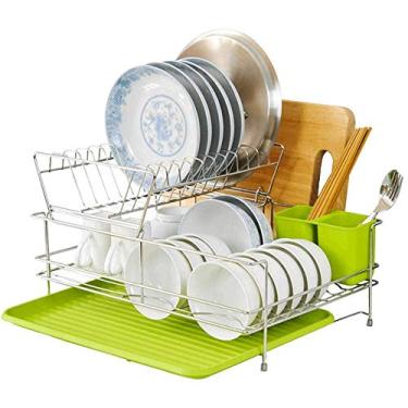 Imagem de Escorredor de louça, escorredor de cozinha de 2 camadas de alumínio, escorredores de pratos com suporte de utensílios removíveis e escorredor da
