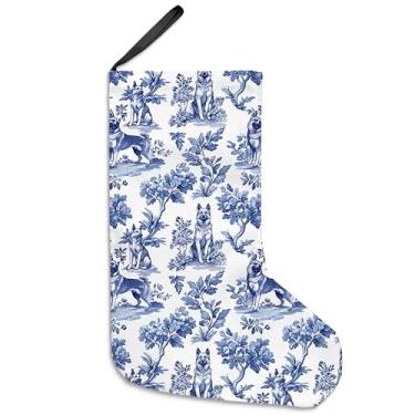 Imagem de uinwk Meias de Natal de Pastor Alemão Chinoiserie de 40,6 cm, meias de Natal para cães pastor alemão azuis e brancas, decoração vintage azul para cães