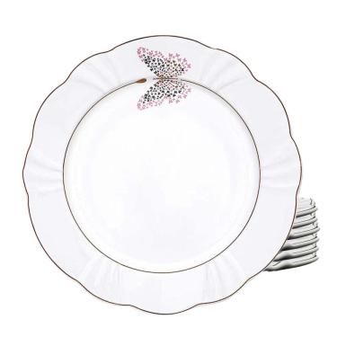 Imagem de Kit Jogo 6 Pratos Fundo 24Cm Borda Dourada Borboleta Soleil