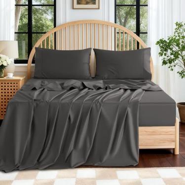Imagem de SONORO KATE Lençóis Queen Size 100% algodão egípcio - 600 fios, conjunto de cama de cetim de hotel de luxo, conjuntos de lençóis macios e respiráveis, bolso profundo de 40,6 cm - 4 peças (cinza escuro