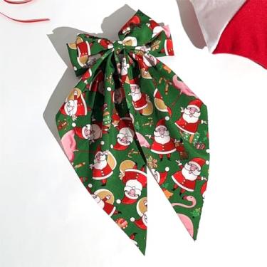 Imagem de Alfinetes de cabelo clássicos de tecido natalino com laço, prendedor de cabelo elegante, prendedores de rabo de cavalo com fita longa, acessórios de cabelo vintage (verde)