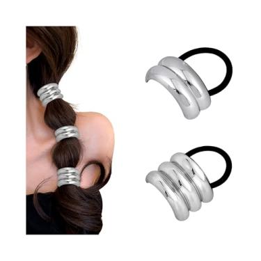 Imagem de 2 peças de laços de cabelo elásticos de metal sem danos suportes de rabo de cavalo acessórios modernos para manguito de cabelo, arco multicamadas prata