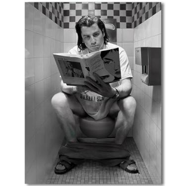 Imagem de Pôster engraçado de arte de parede de banheiro - John Travolta para decoração de parede de banheiro - humor preto e branco impressões em tela de filme para pendurar no banheiro e banheiro