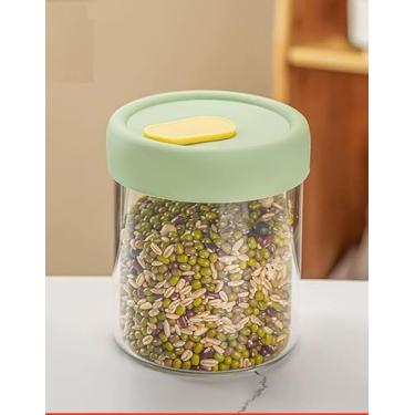 Imagem de Frasco de vidro transparente de 400 ml com tampa de silicone – Recipiente hermético seguro para micro-ondas, boca larga para cereais, lanches e especiarias (1 peça, 400 ml, tampa verde)