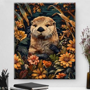 Imagem de Arte de parede botânica de lontra marinha vintage emoldurada - Decoração de parede com flores escuras Academia para sala de estar quarto casa 20 x 25 cm