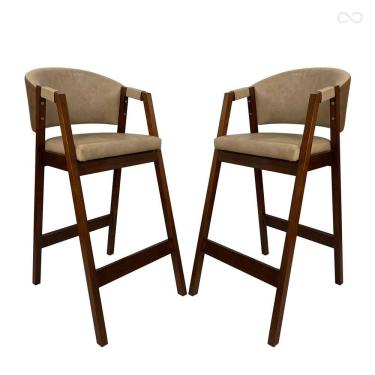 Imagem de Kit 2 Banquetas Alta de Madeira Maciça Capuccino Ravena com Encosto Sintético Marrom Bege CCS