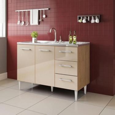 Imagem de Balcão Vitória Para Pia De 1,20 2 Portas 3 Gavetas Amêndoa Off - MILAN