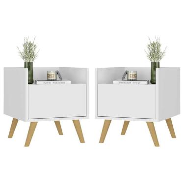 Imagem de Kit Com 2 Mesas De Cabeceira 40Cm Retrô Multimóveis V4044 Branca/Natural Branco/Natural