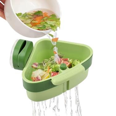 Imagem de Cesta de filtro de pia com ventosa atualizada 2025, coletor de lixo de pia de canto de despejo automático com orifício de drenagem, torneira triangular rack de armazenamento de esponja para resíduos