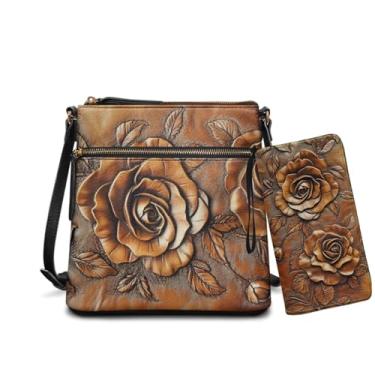 Imagem de Rchsomd Bolsa Hobo transversal e conjunto de carteira para mulheres, bolsa de couro PU com alça ajustável para trabalho, viagens, passeios, Estampa rosa marrom, One Size