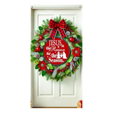 Imagem de BlissYard Capa de porta de Natal para portas de presépio de inverno, guirlanda de presépio religioso, decoração de portas de Natal, faixa de Natal espiritual, exibição festiva para igreja doméstica