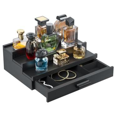 Imagem de TIRYIUOU Organizador de perfume de colônia para homens: suporte de perfumes de madeira de 3 níveis, suporte de papel de mesa prateleira de exibição de madeira com armário, armário de quarto, loção de