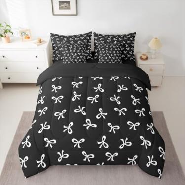Imagem de Feelyou Conjunto de edredom com laço preto e branco, 7 peças, solteiro, fofo, kawaii, para crianças, meninas, laço e laço de princesa, decoração de quarto feminino, microfibra leve e macia