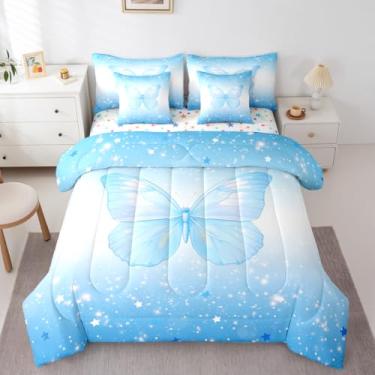 Imagem de Feelyou Conjunto de edredom completo de borboletas fofas com estampa estrelada de glitter para crianças, meninos, meninas, 7 peças, decoração de quarto de princesa, microfibra leve e macia