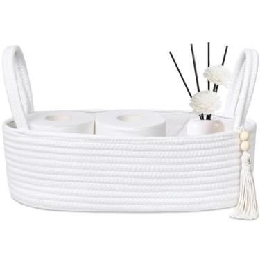 Imagem de ABenkle Cesta de armazenamento pequena para regata de vaso sanitário - organizador de tecido de corda de juta com alça, decoração de banheiro de bancada boho, suporte de papel higiênico, 33 x 15 x 10