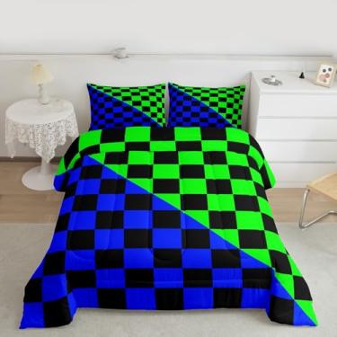 Imagem de Feelyou Conjunto de edredom retrô quadriculado para todas as estações, moderno, geométrico, fofo, com 2 fronhas, azul, verde, roupa de cama queen vintage, simples, estética, para decoração de quarto