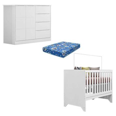 Imagem de Berço Americano Retro Maya E Cômoda Infantil Eloá Branco Acetinado Com Colchão Ortobom