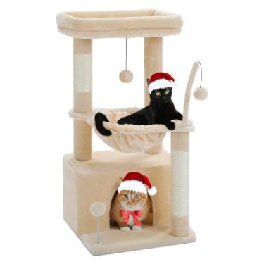 Imagem de PEQULTI Árvore para gatos 4 em 1, torre para gatos de 83 cm para ambientes internos com condomínio grande para gatos, poste arranhador para gatos com rede profunda e poleiro aconchegante, bege