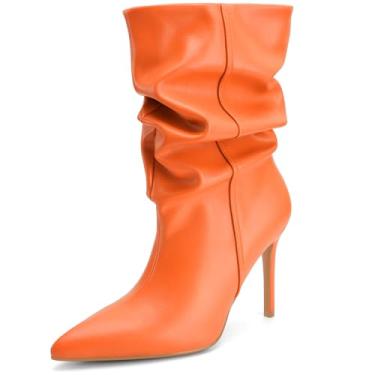 Imagem de Perisis Botas femininas de cano médio despojadas, salto alto, bico fino, botas confortáveis para outono e inverno, PU laranja, 34