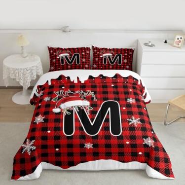 Imagem de jejeloiu Conjunto de edredom de Natal, solteiro, xadrez, para crianças, meninos, meninas, personalizado, com letra M, edredom geométrico, decoração de quarto de microfibra, 2 peças com 1 fronha