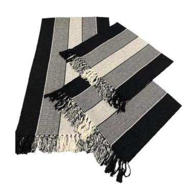 Imagem de Tapete de Cozinha, Passadeira Estilo com Franjas Kit Passadeira para Cozinha de Tear 3 Peças，Elegante e Refinado(Preto faixa cru)
