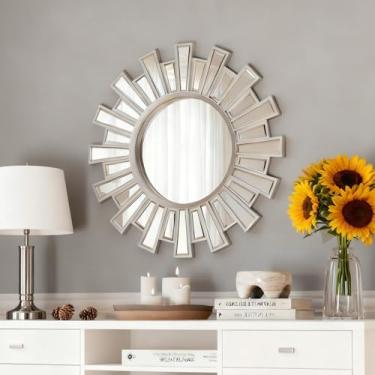 Imagem de MYOTA Espelho decorativo redondo Sunburst - Espelho de arte de parede prata de 61 cm com moldura de metal, decorativo de parede Starburst para entrada, quarto, lareira, sala de estar