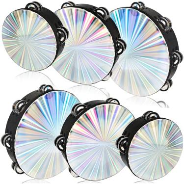 Imagem de Pacote com 6 pandeiros radiantes 15,8 cm, 20,5 cm, pandeiro refletivo com campainha dupla, instrumento musical de percussão para adultos, igreja, casamento, dança, festa, KTV
