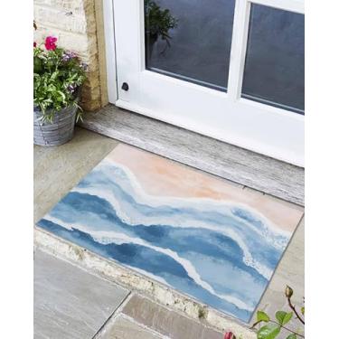 Imagem de Tapete de cozinha antiderrapante, boêmio ondas de praia gradiente azul dégradé tapete de porta absorvente, aquarela verão oceano lavável capachos frontais para banheiro, quarto, decoração interna