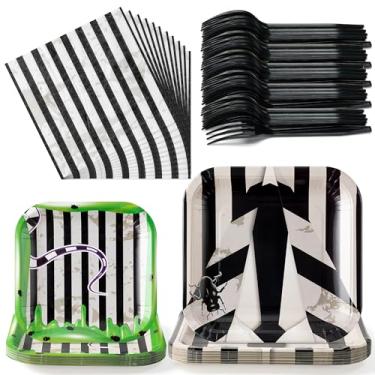 Imagem de BHronony Pratos de besouro de terror – 96 peças de filme, garfos, guardanapos, utensílios de jantar, suprimentos de decoração, utensílios de mesa descartáveis com tema horrível para aniversário,