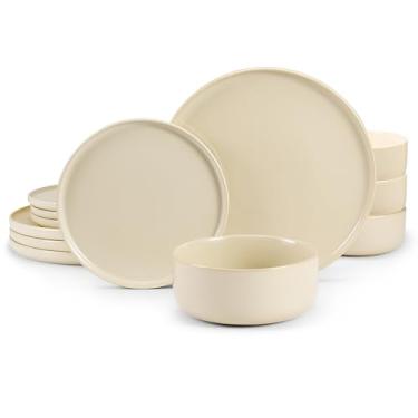 Imagem de Conjunto de utensílios de jantar, 12 peças, por vaso e vaso, pratos de jantar de cerâmica de 26,7 cm, pratos de salada de 21 cm e tigelas de sopa de 740 ml, grés, micro-ondas e lava-louças, conjunto