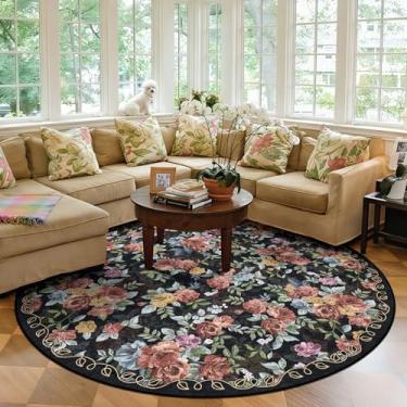 Imagem de GERUIMO Tapete redondo lavável de 1,8 m para sala de estar, preto vintage boho floral, grande, antiderrapante, tapete de lã sintética macia, adequado para crianças e animais de estimação para quarto