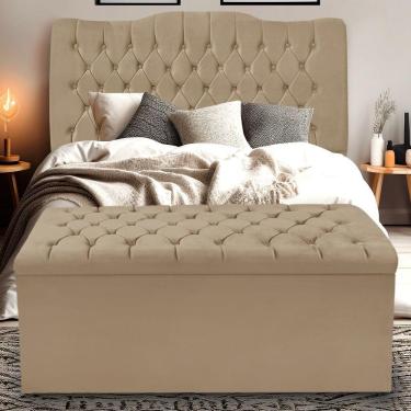 Imagem de Kit Cabeceira E Calçadeira Baú Dunas Casal 140 Cm - Veludo Bege Escuro