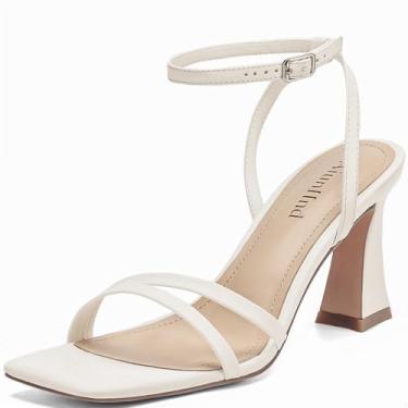 Imagem de AIUNIIND Sandálias femininas de salto alto, quadradas, abertas, com tira no tornozelo, salto social de 7,6 cm, confortável, Bege, 41