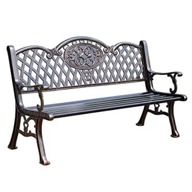 Imagem de TRGCJGH Banco de varanda para pátio, assento duplo, bancos de jardim de alumínio fundido, sofá de metal com encosto de grade e apoio de braço, móveis rústicos de pátio ao ar livre (marrom)