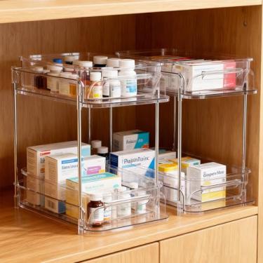 Imagem de 2 organizadores de armário de remédios, armazenamento de frascos de medicamentos e vitaminas, organizador de 2 camadas embaixo da pia com gavetas para medicamentos, adequado para armários, banheiros