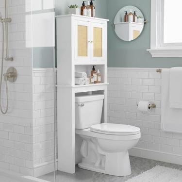Imagem de GORZING Armário de armazenamento sobre o vaso sanitário, organizador de banheiro atrás do vaso sanitário com prateleiras ajustáveis, organizadores de vaso sanitário acima com porta de celeiro