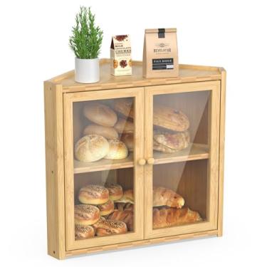Imagem de BAMBANG Caixa de pão de canto para bancada de cozinha, recipiente de armazenamento de pão de bambu de camada dupla com 2 portas, caixa de pão grande de fazenda, suporte de caixa de pão de madeira para