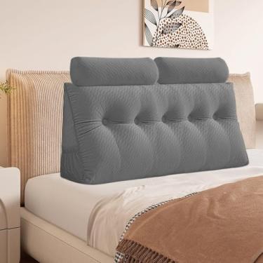 Imagem de Almofada triangular de veludo para cabeceira, almofada removível para cabeceira de cama, beliche, suporte de posicionamento do encosto (cinza com almofada de rolo, queen (150 x 50 x 20 cm)