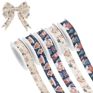 Imagem de SEHANY 5 rolos de fita de Natal 0,59 polegadas 5 jardas fitas de tecido de gengibre de Natal fitas de cetim festivas fitas decorativas de Natal para embrulho de presente faça você mesmo artesanato