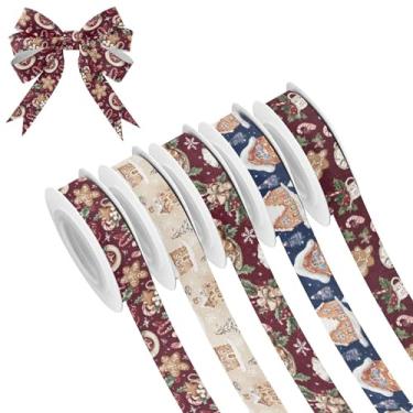 Imagem de SEHANY 5 rolos de fita de Natal 0,59 polegadas 5 jardas fitas de tecido de gengibre de Natal fitas de cetim festivas fitas decorativas de Natal para embrulho de presente faça você mesmo artesanato