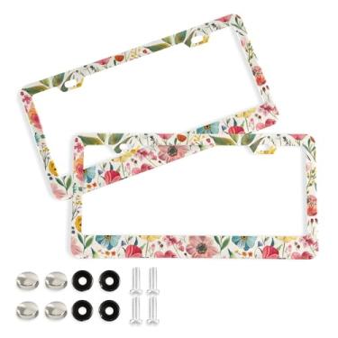 Imagem de SEHANY Molduras de placa de licença de flores florais coloridas, capas de moldura de placa de carro de alumínio à prova de ferrugem com orifícios elípticos e parafusos serve para veículos padrão dos