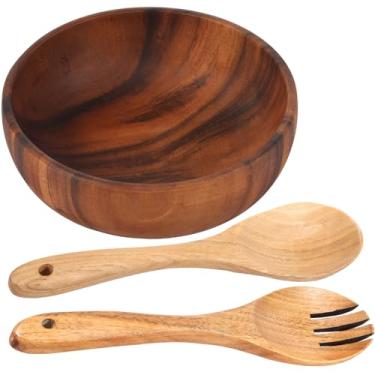 Imagem de KHZSPP Tigela de salada de madeira com colher e garfo, tigela de mistura de salada de grande capacidade, recipiente de servir rústico durável prático para macarrão, lanches, frutas, sobremesas