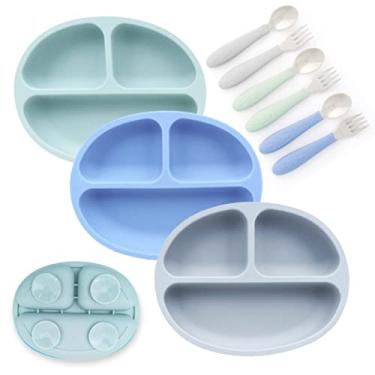 Imagem de Elk and Friends Pratos de sucção de silicone para bebês e crianças pequenas, conjunto de alimentação de talheres de aço inoxidável, prato dividido com design de ventosa, garfos e colheres incluídos